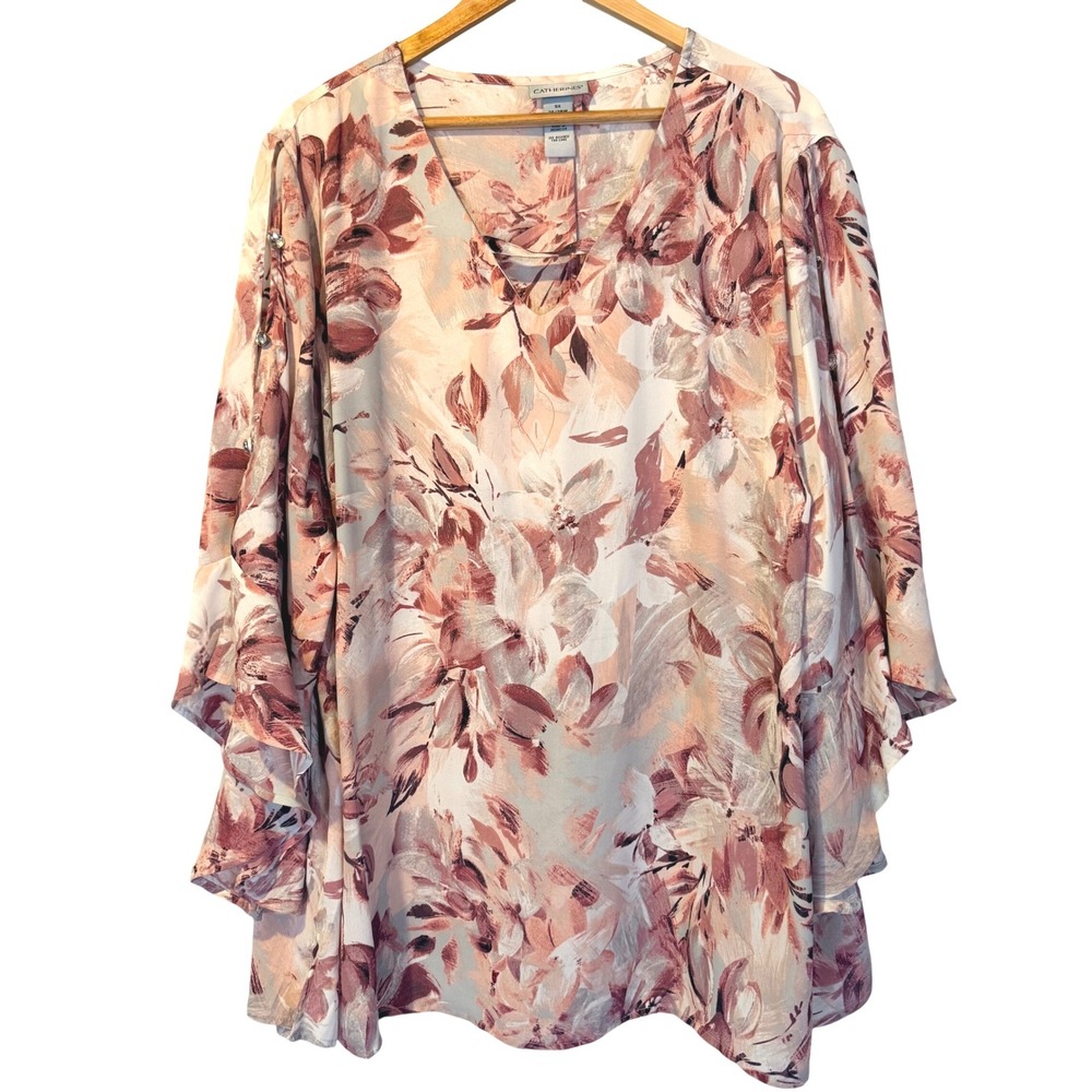 Catherines Pink Floral V-Neck Bell Sleeve Blouse Top‎ 3X Romantic Flowy Office